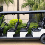 Left side view of the 6+2, passenger, electric, white Fusion electric cart.