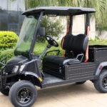 Three quarter view of the short bed, two-seater, black Fusion commercial utility vehicle parked near shrubbery and trees.